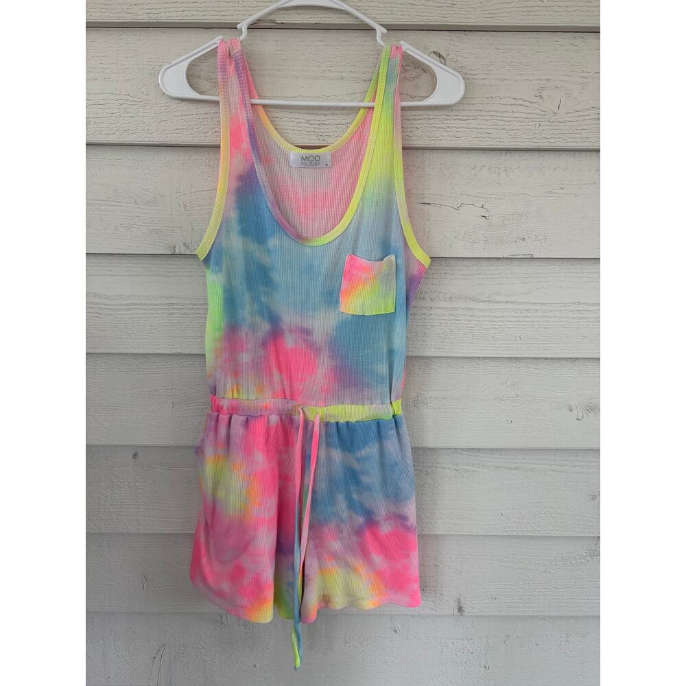 MOD On Trend Tie Dye Romper Women’s S Rainbow Pastel Sleeveless Pocket Casual - Picture 2 of 5